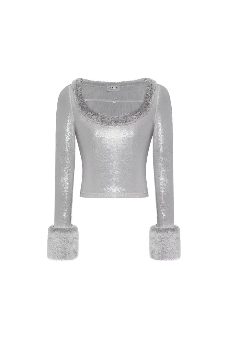 Ozlana Ozln Detachable Faux Fur Sleeve Crop(Grey) | Women Ozln