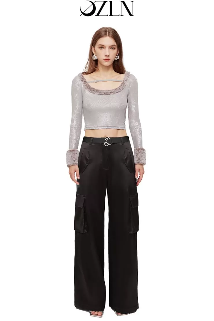 Ozlana Ozln Detachable Faux Fur Sleeve Crop(Grey) | Women Knits