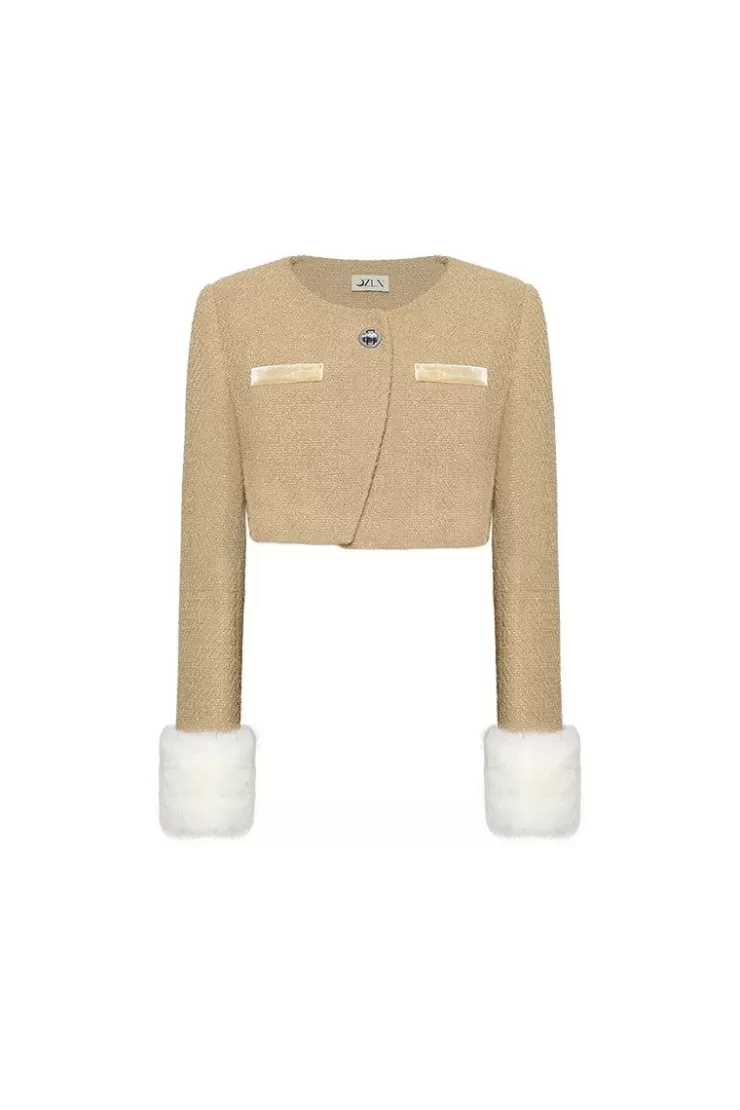 Ozlana Ozln Detachable Faux Fur Sleeve Glitz Tweed Jacket(Camel) | Women Ozln