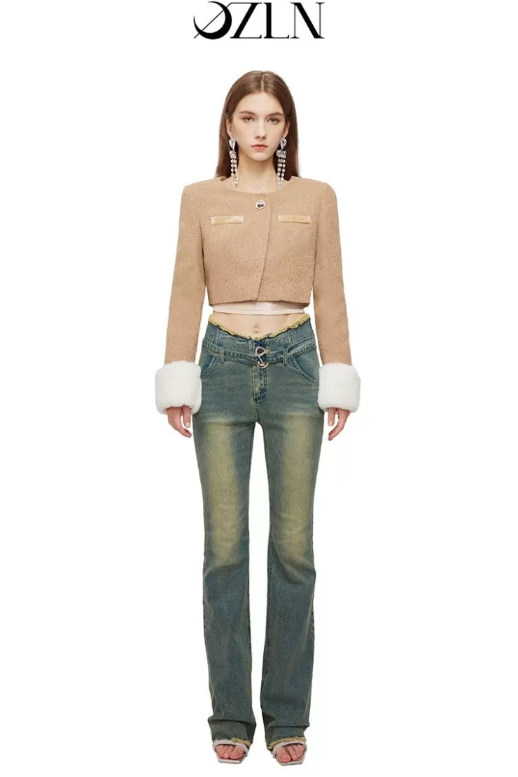 Ozlana Ozln Detachable Faux Fur Sleeve Glitz Tweed Jacket(Camel) | Women Ozln