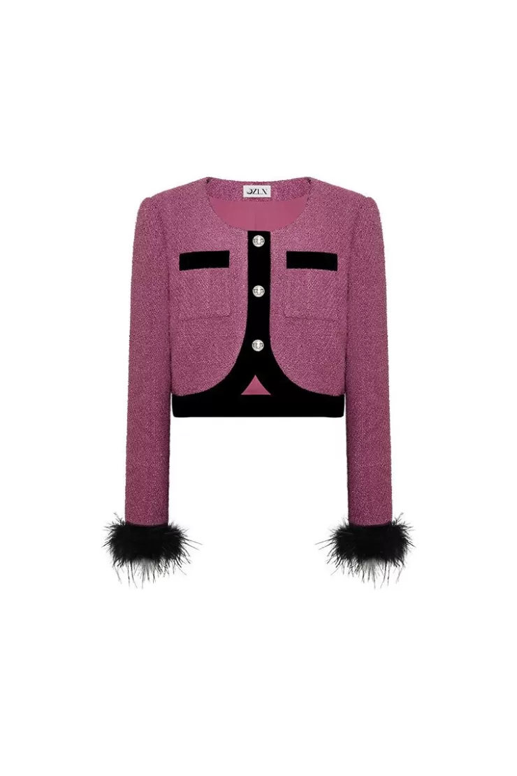 Ozlana Ozln Detachable Feather Glitz Tweed Jacket(Rose Red) | Women Ozln