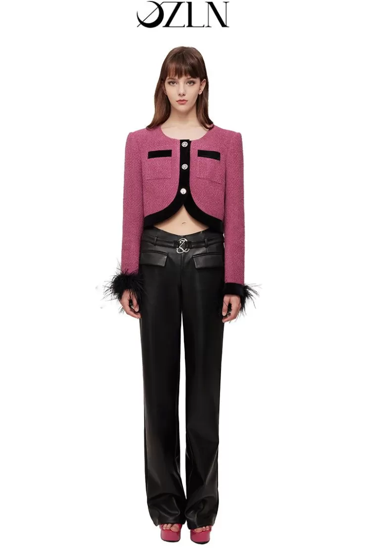 Ozlana Ozln Detachable Feather Glitz Tweed Jacket(Rose Red) | Women Ozln