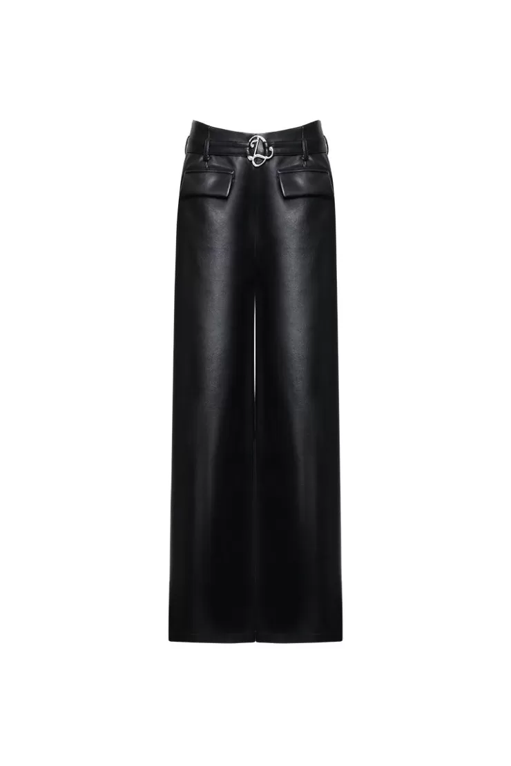 Ozlana Ozln Eco Leather Oversized Wide Leg Pant(Black) | Women Ozln