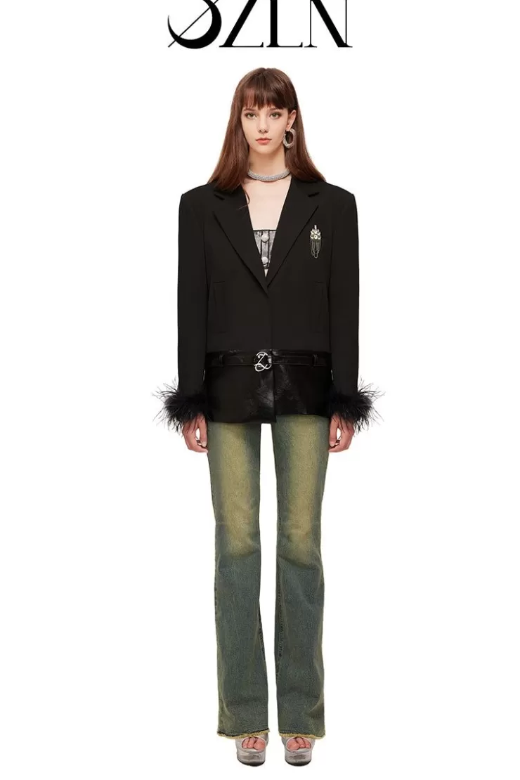 Ozlana Ozln Faux Leather Splice Blazer Combo( Black) | Women Ozln