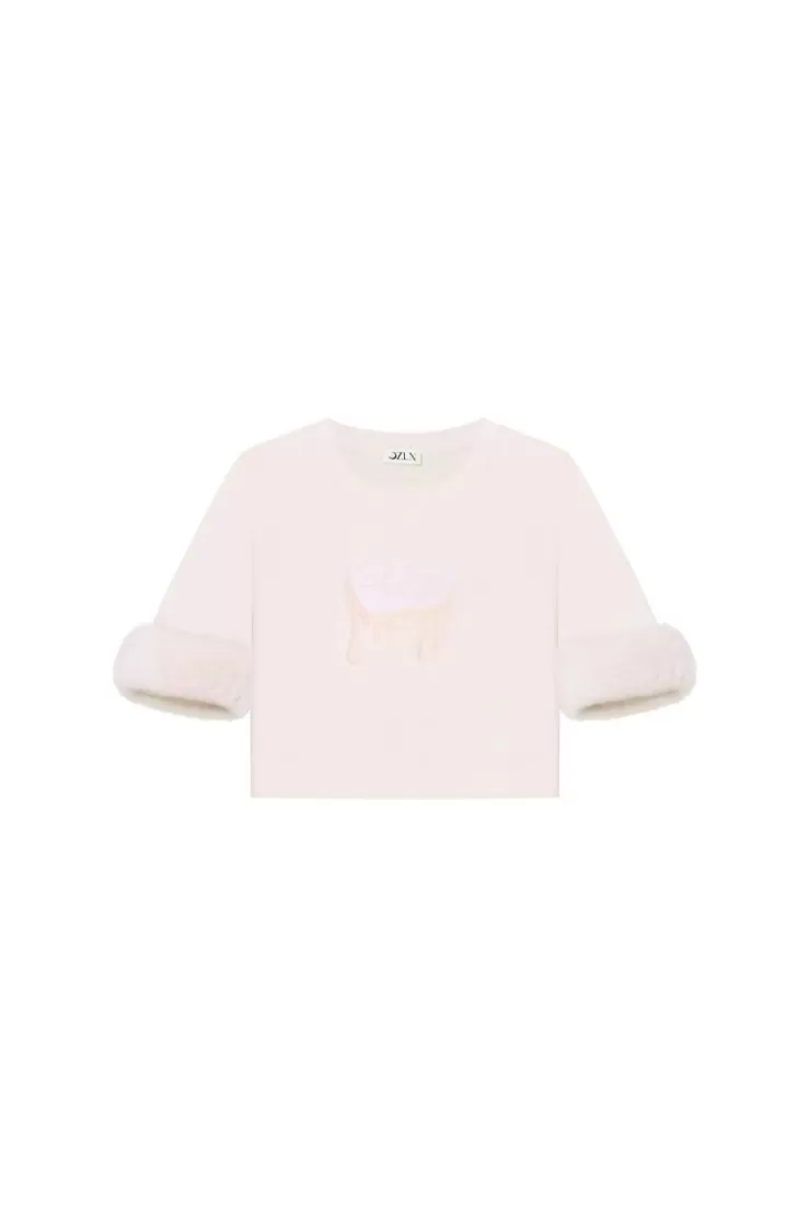 Ozlana Ozln Fur Trimmed Heart Tee(Cream) | Women Tee Shirts