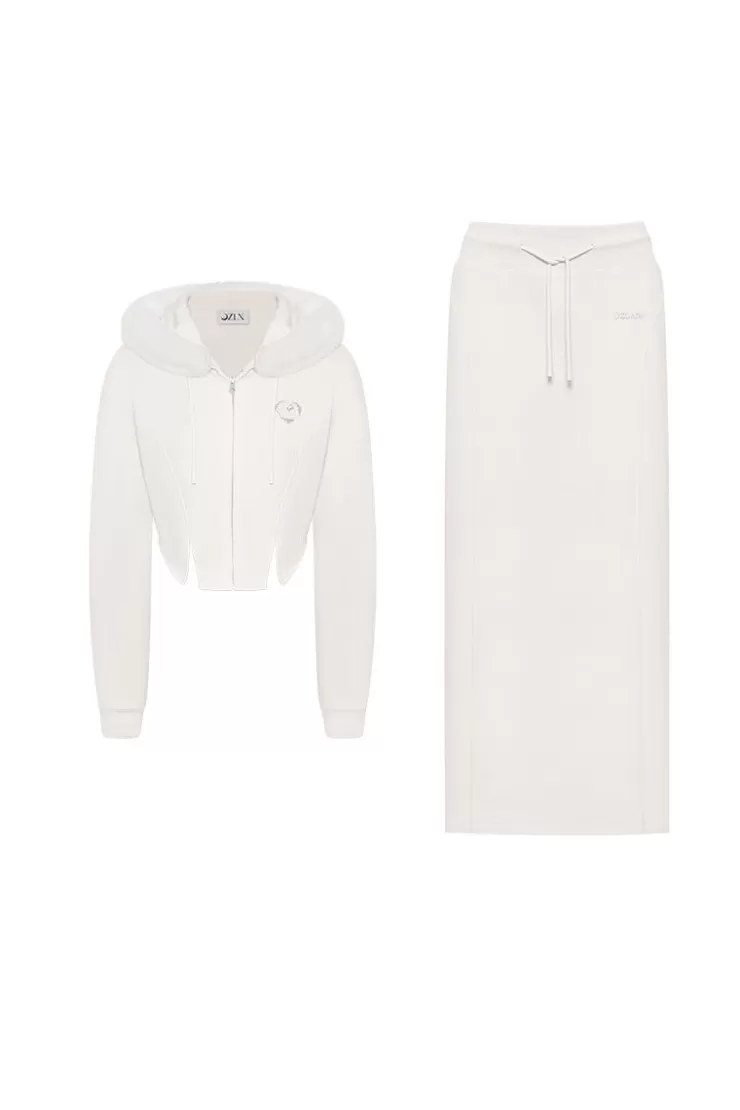 Ozlana Ozln Heart Rose Hoodie Sweat Suit Maxi Skirt Set(Cream) | Women Matching Sets