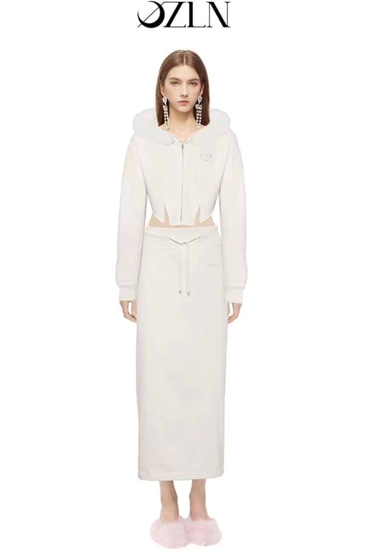 Ozlana Ozln Heart Rose Hoodie Sweat Suit Maxi Skirt Set(Cream) | Women Matching Sets