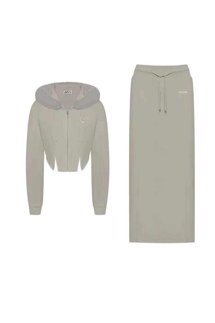 Ozlana Ozln Heart Rose Hoodie Sweat Suit Maxi Skirt Set(Grey) | Women Ozln