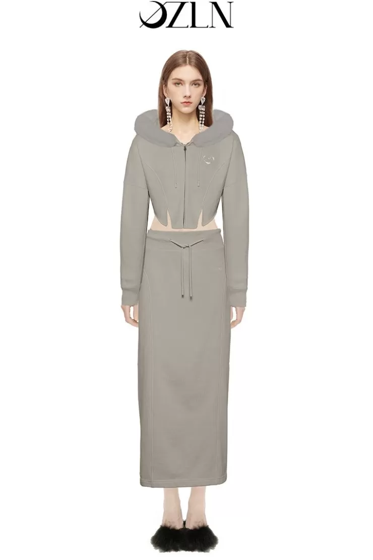 Ozlana Ozln Heart Rose Hoodie Sweat Suit Maxi Skirt Set(Grey) | Women Bottoms