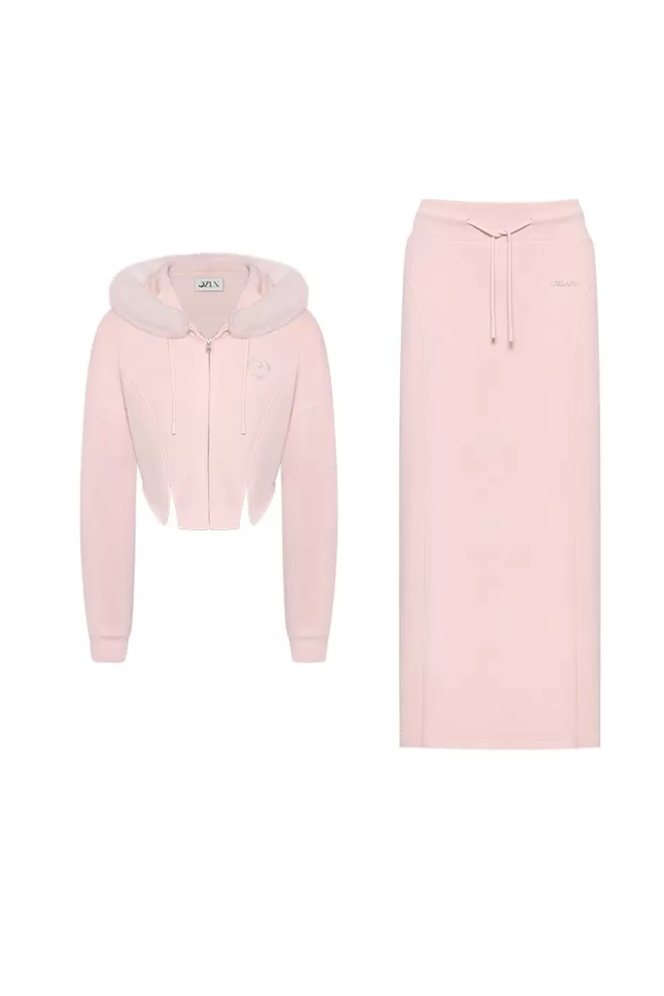 Ozlana Ozln Heart Rose Hoodie Sweat Suit Maxi Skirt Set(Pink) | Women Bottoms