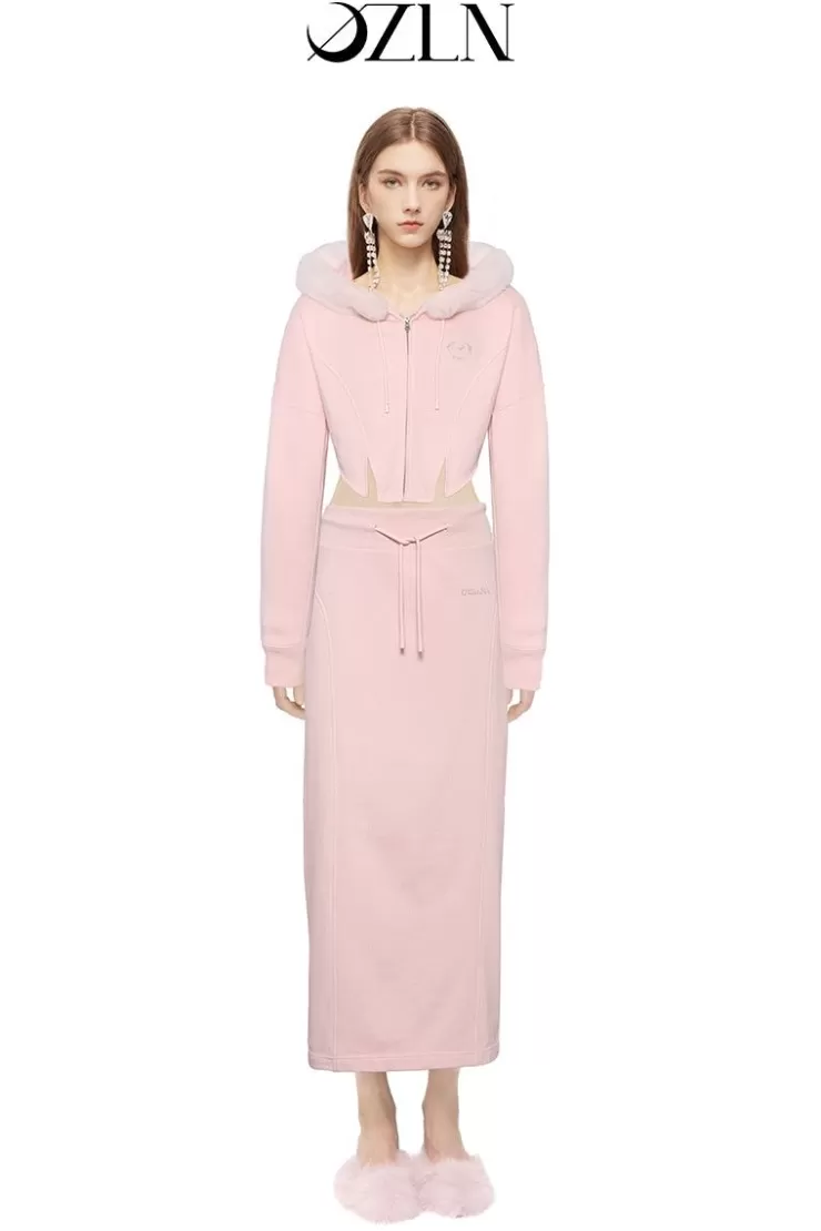 Ozlana Ozln Heart Rose Hoodie Sweat Suit Maxi Skirt Set(Pink) | Women Bottoms