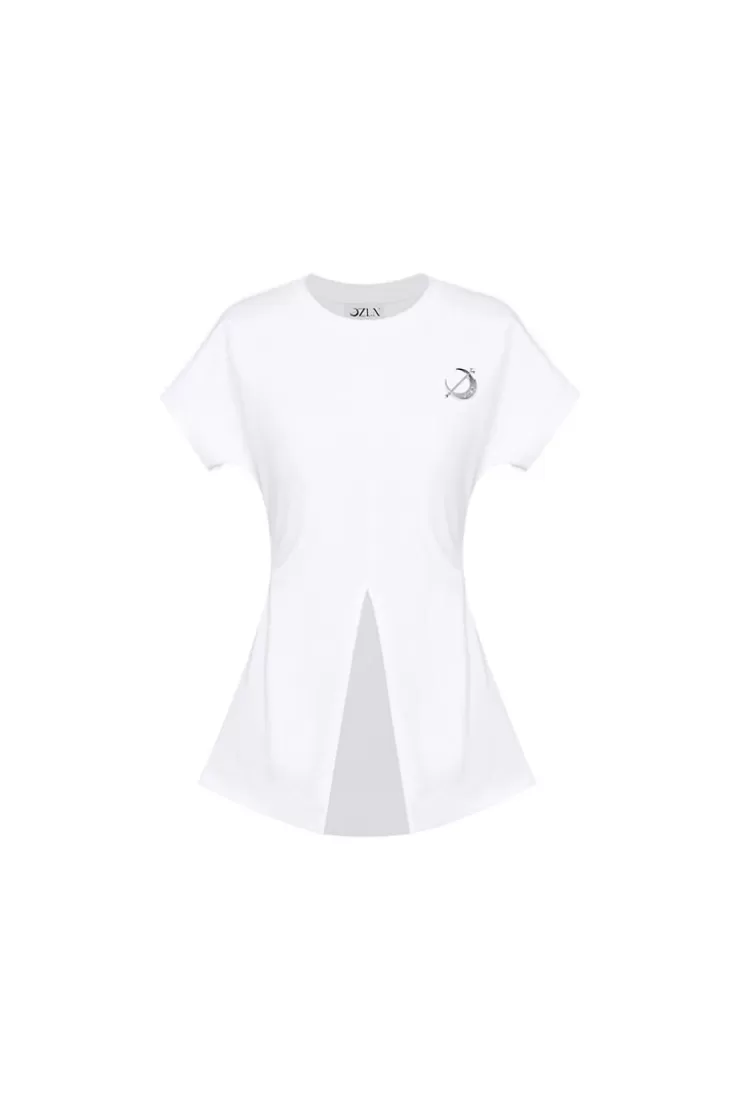 Ozlana Ozln Metal Logo Front Split Tee (White) | Women Tee Shirts