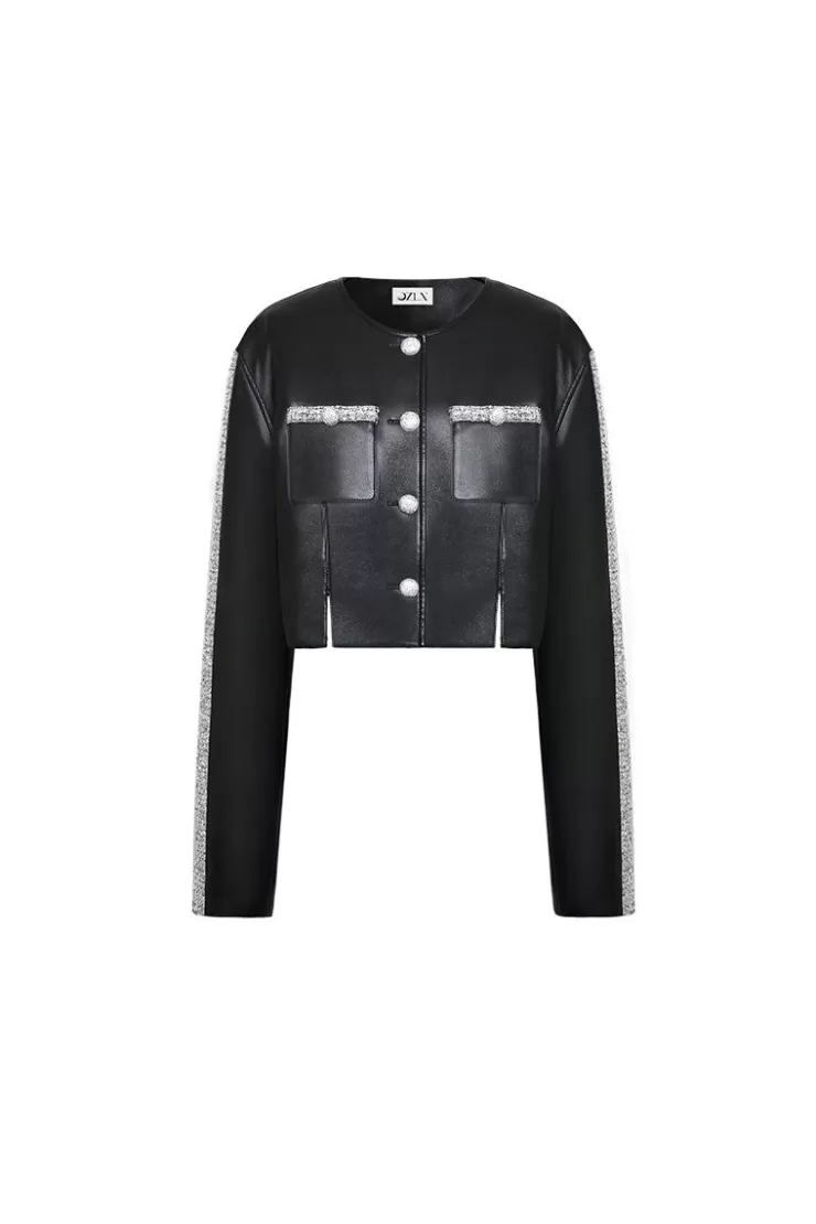 Ozlana Ozln Mirrorball Contrast Cropped Eco Leather Blazer (Black) | Women Ozln