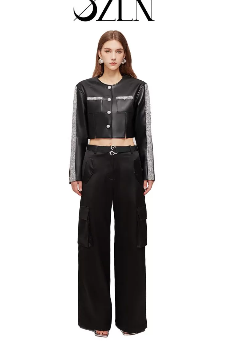Ozlana Ozln Mirrorball Contrast Cropped Eco Leather Blazer (Black) | Women Ozln