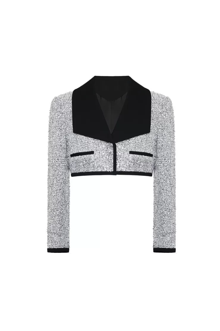 Ozlana Ozln Mirrorball Contrast Wide Lapel Cropped Blazer (Silvery) | Women Ozln