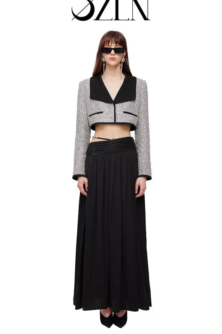 Ozlana Ozln Mirrorball Contrast Wide Lapel Cropped Blazer (Silvery) | Women Tops