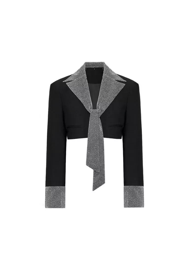 Ozlana Ozln Mirrorball Detachable Tie Cropped Blazer (Black) | Women Ozln