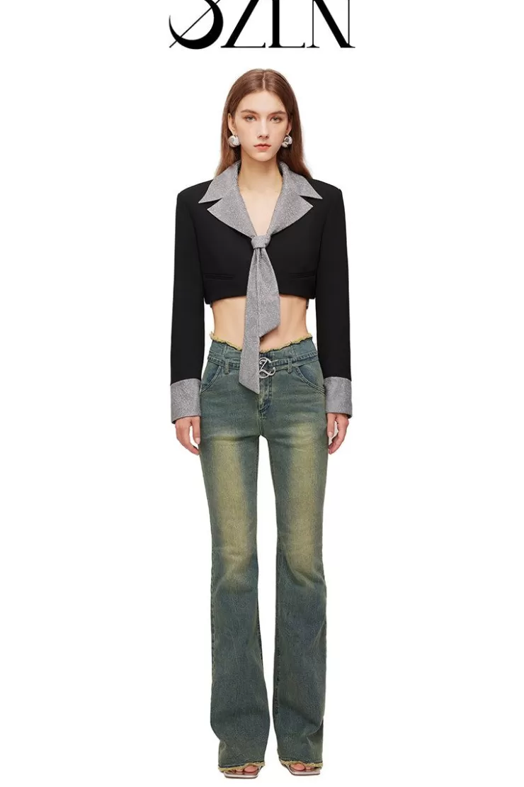 Ozlana Ozln Mirrorball Detachable Tie Cropped Blazer (Black) | Women Tops