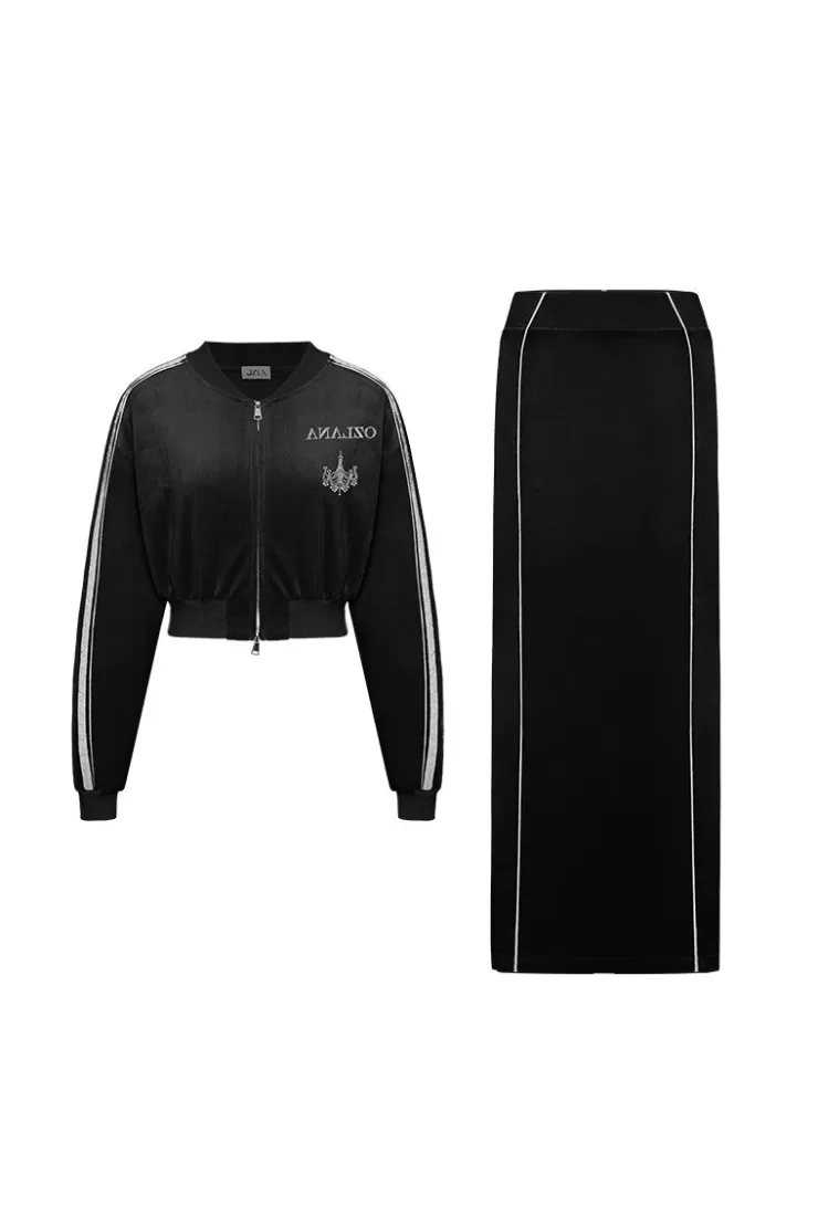 Ozlana Ozln O Club Baseball Sweat Suit Midi Skirt Set(Black) | Women Matching Sets