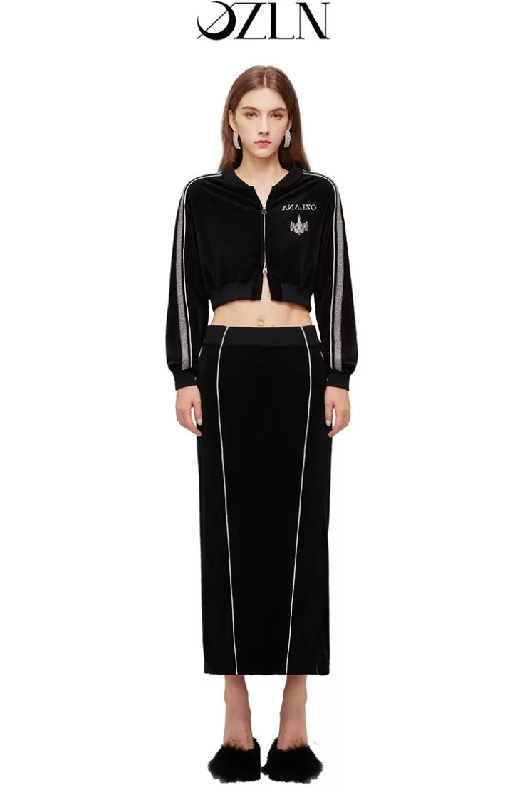 Ozlana Ozln O Club Baseball Sweat Suit Midi Skirt Set(Black) | Women Matching Sets