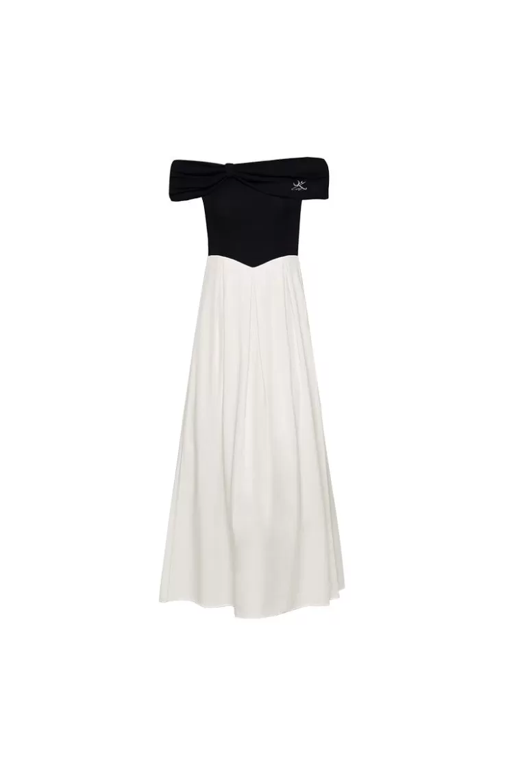 Ozlana Ozln Off Shoulder Bow Knit Dress (Black+Cream) | Women Knits