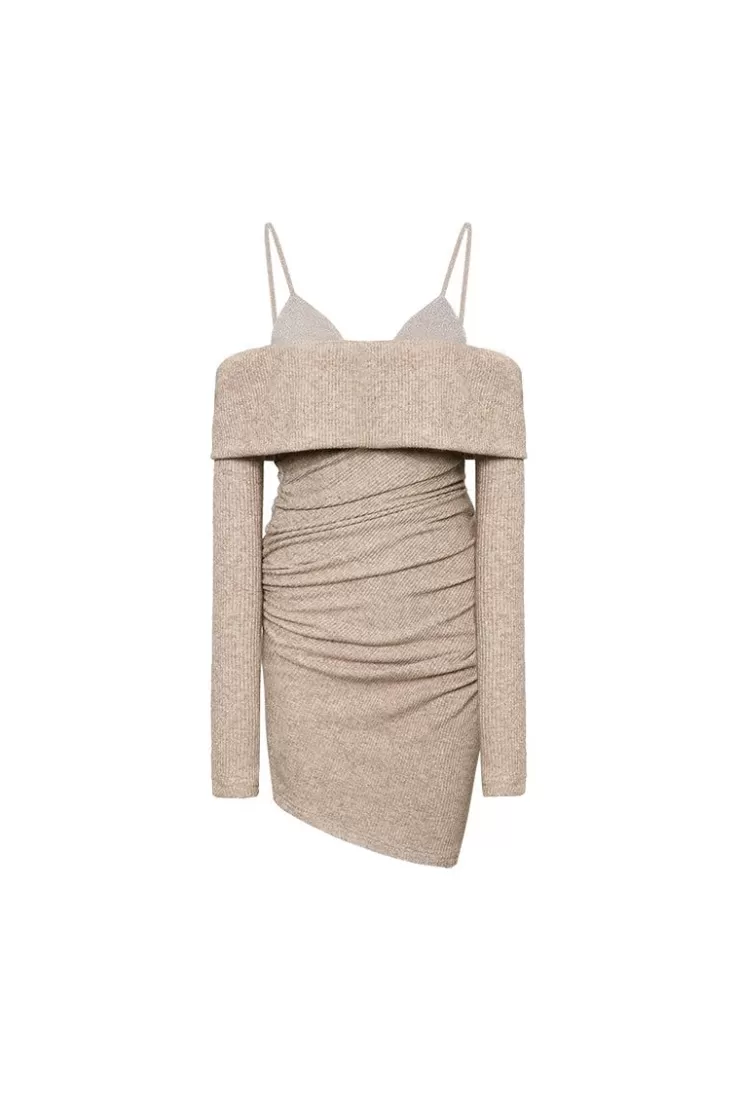Ozlana Ozln Off Shoulder Strap Glitz Knit Dress(Camel) | Women Dresses & Sets