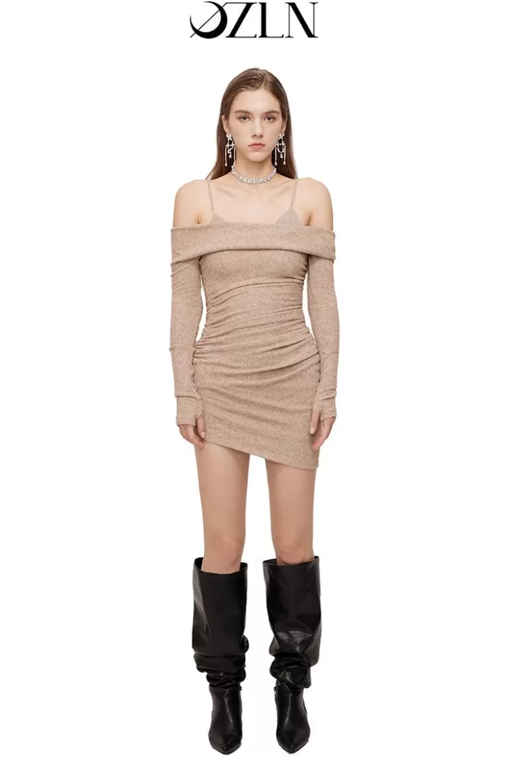 Ozlana Ozln Off Shoulder Strap Glitz Knit Dress(Camel) | Women Knits