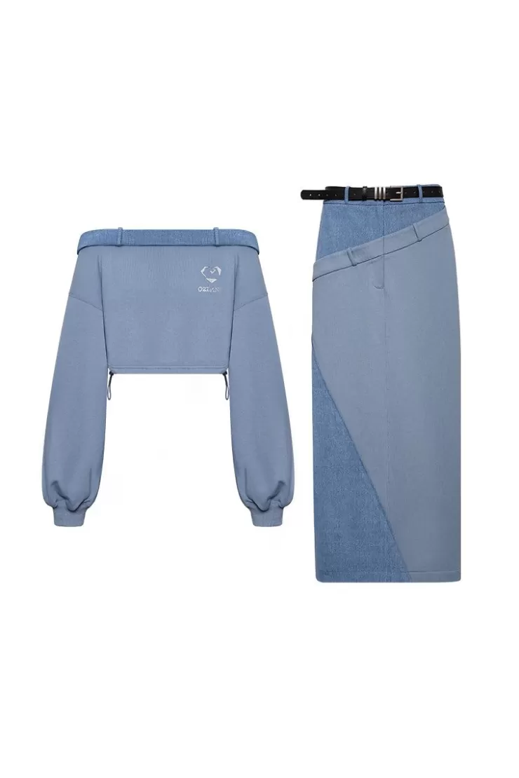 Ozlana Ozln Off Shoulder Sweatshirt Skirt Set (Blue) | Women Matching Sets