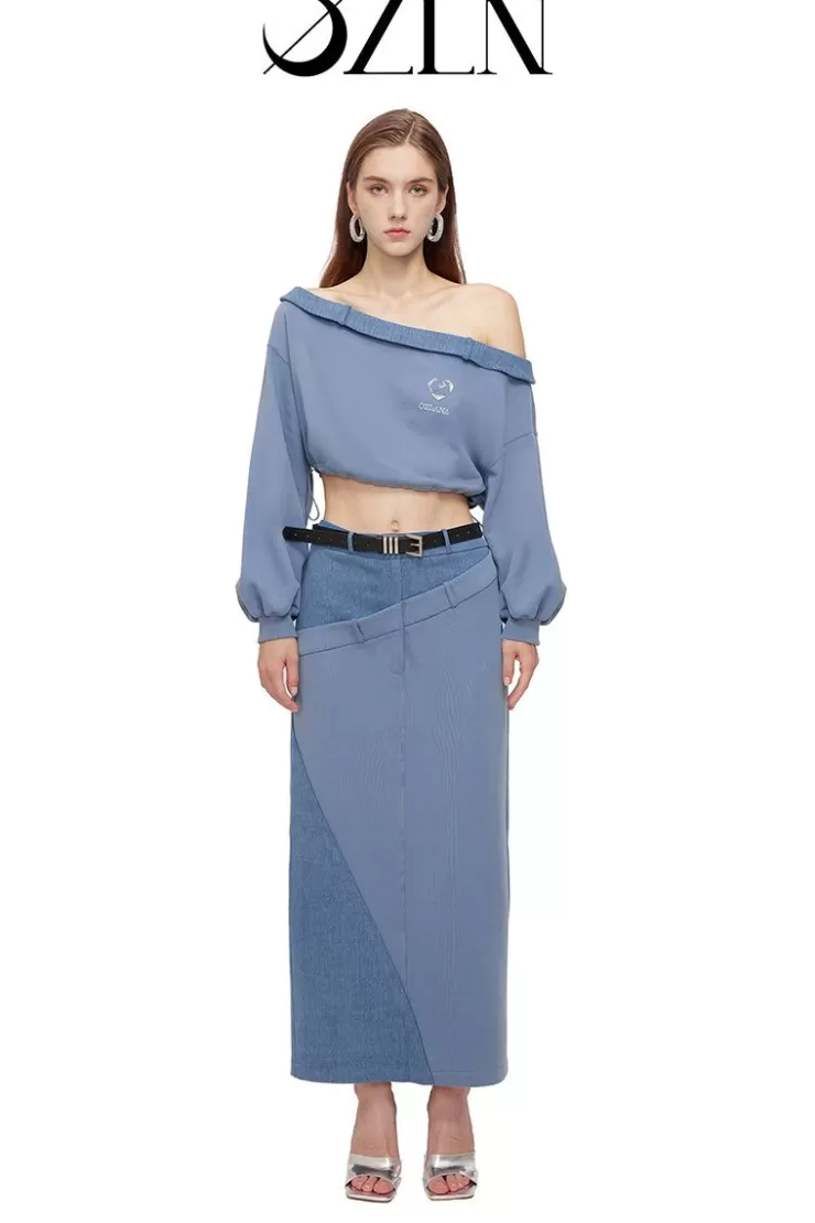 Ozlana Ozln Off Shoulder Sweatshirt Skirt Set (Blue) | Women Matching Sets