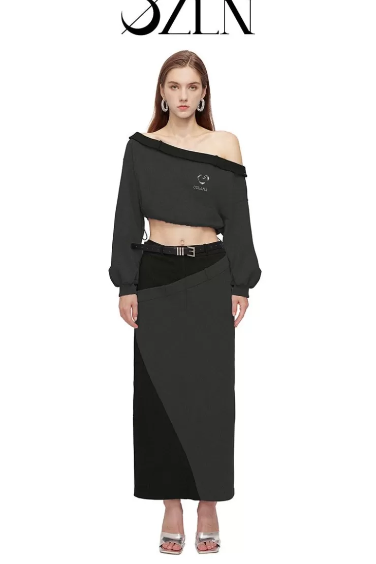 Ozlana Ozln Off Shoulder Sweatshirt Skirt Set (Grey) | Women Matching Sets