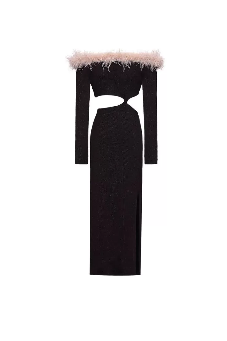 Ozlana Ozln Open Waist Glitz Knit Midi Dress(Black) | Women Knits