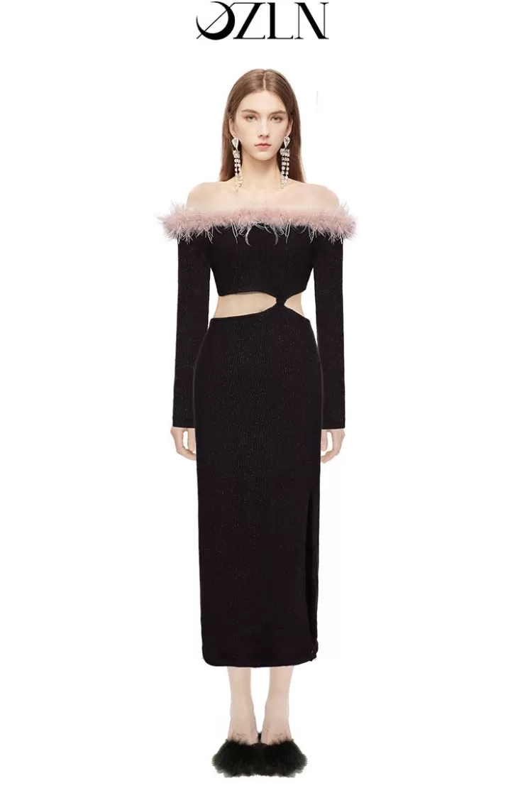 Ozlana Ozln Open Waist Glitz Knit Midi Dress(Black) | Women Dresses & Sets