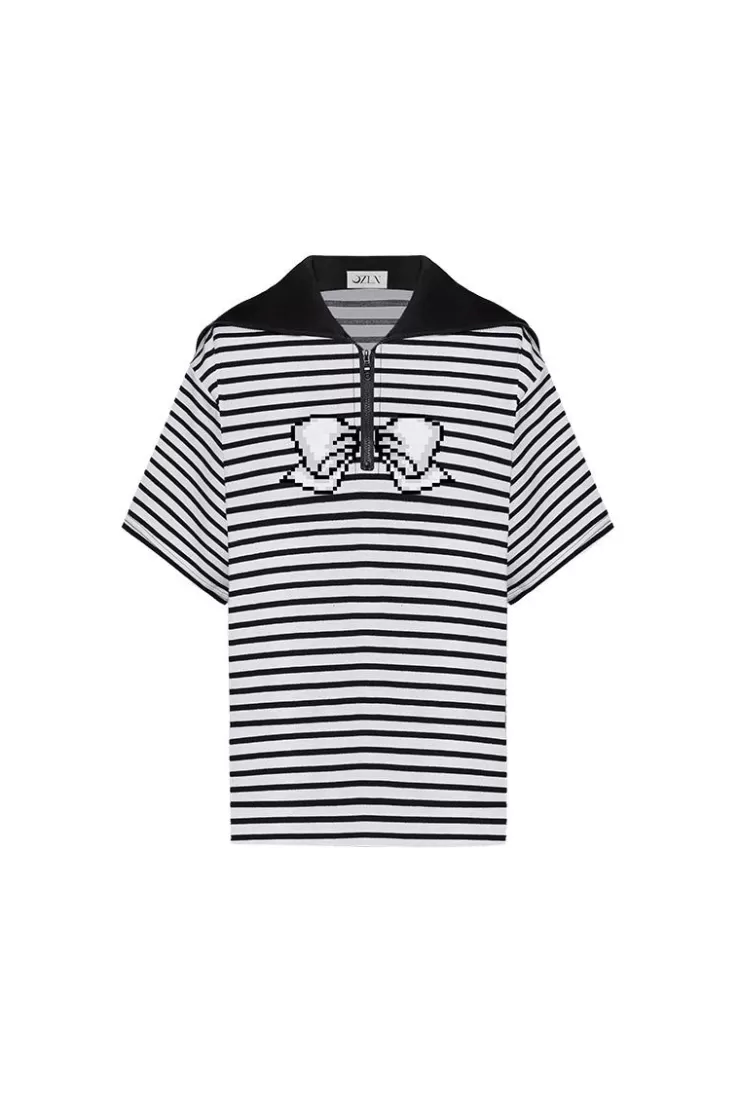 Ozlana Ozln Pixelated Bow Sailor Tee(Cream) | Women Tee Shirts