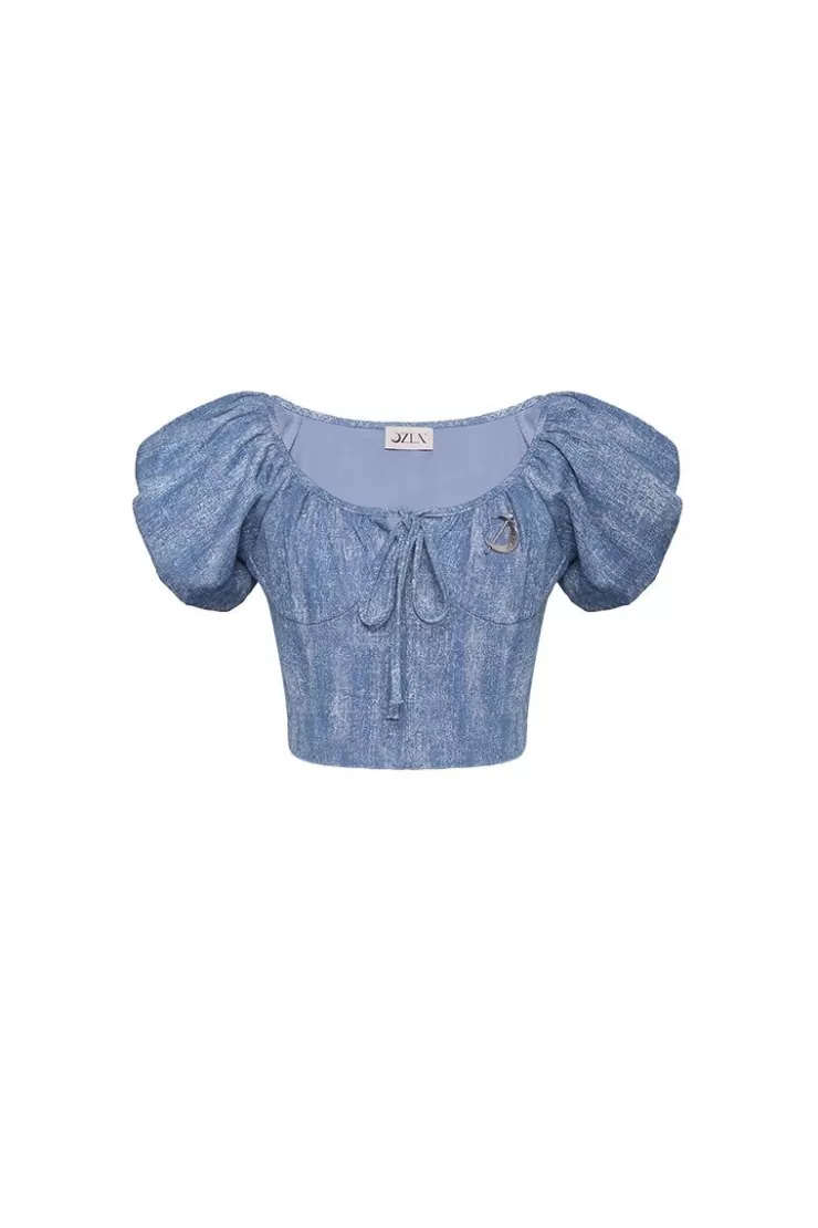 Ozlana Ozln Puff Sleeve Ruched Cropped Shirt(Blue) | Women Ozln