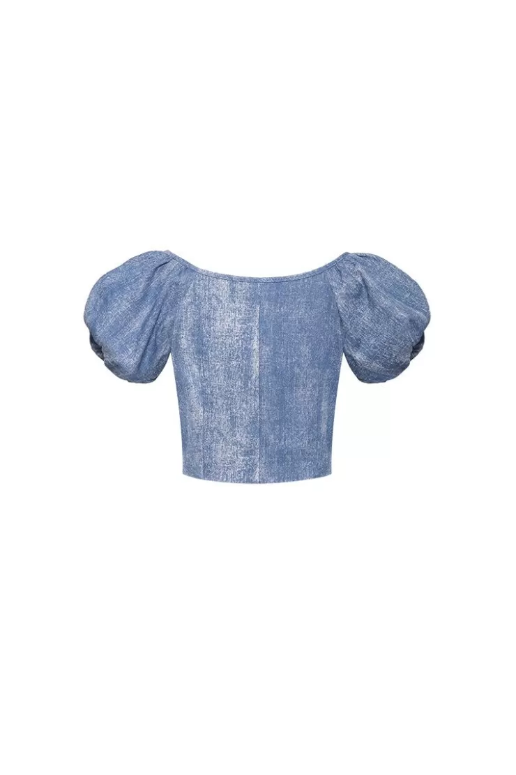 Ozlana Ozln Puff Sleeve Ruched Cropped Shirt(Blue) | Women Tops