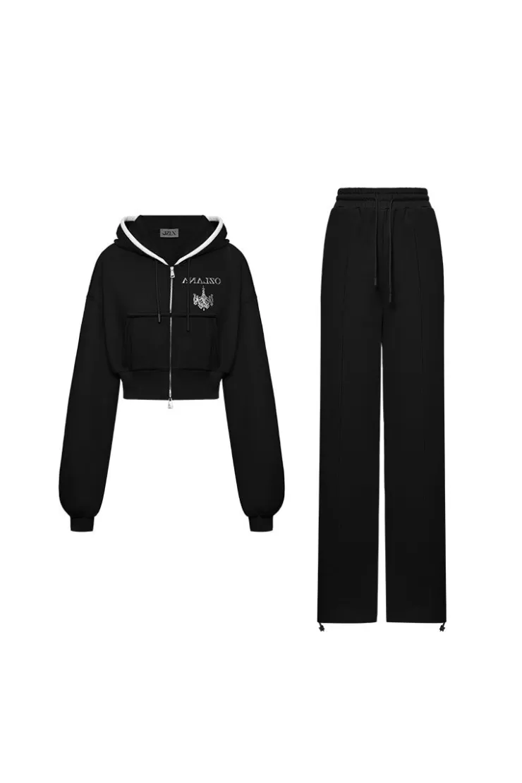 Ozlana Ozln Rhinestone Hoodie Sweat Suit Set(Black) | Women Matching Sets
