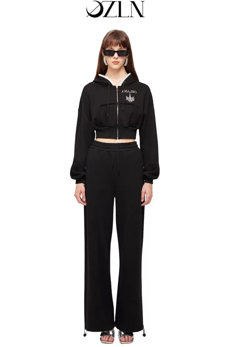 Ozlana Ozln Rhinestone Hoodie Sweat Suit Set(Black) | Women Matching Sets