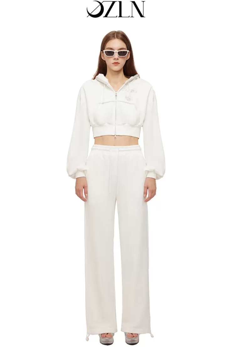 Ozlana Ozln Rhinestone Hoodie Sweat Suit Set(White) | Women Matching Sets