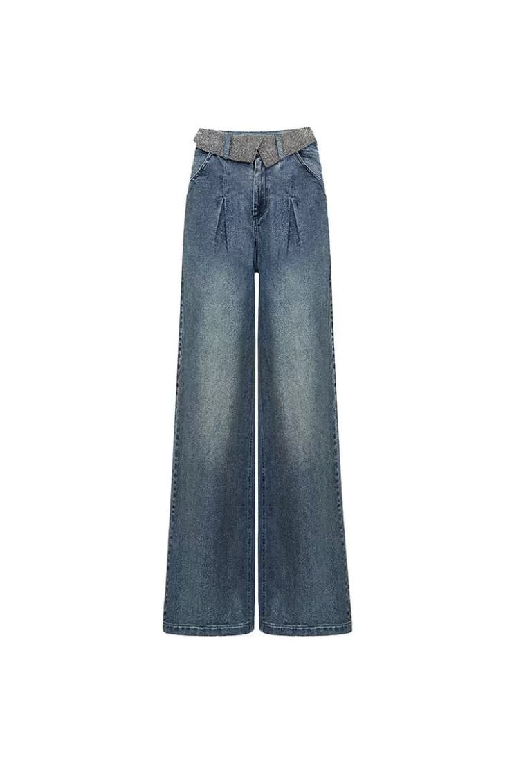 Ozlana Ozln Rolled Waist Wide Leg Jeans(Blue) | Women Bottoms