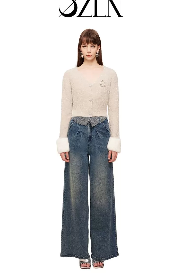 Ozlana Ozln Rolled Waist Wide Leg Jeans(Blue) | Women Bottoms