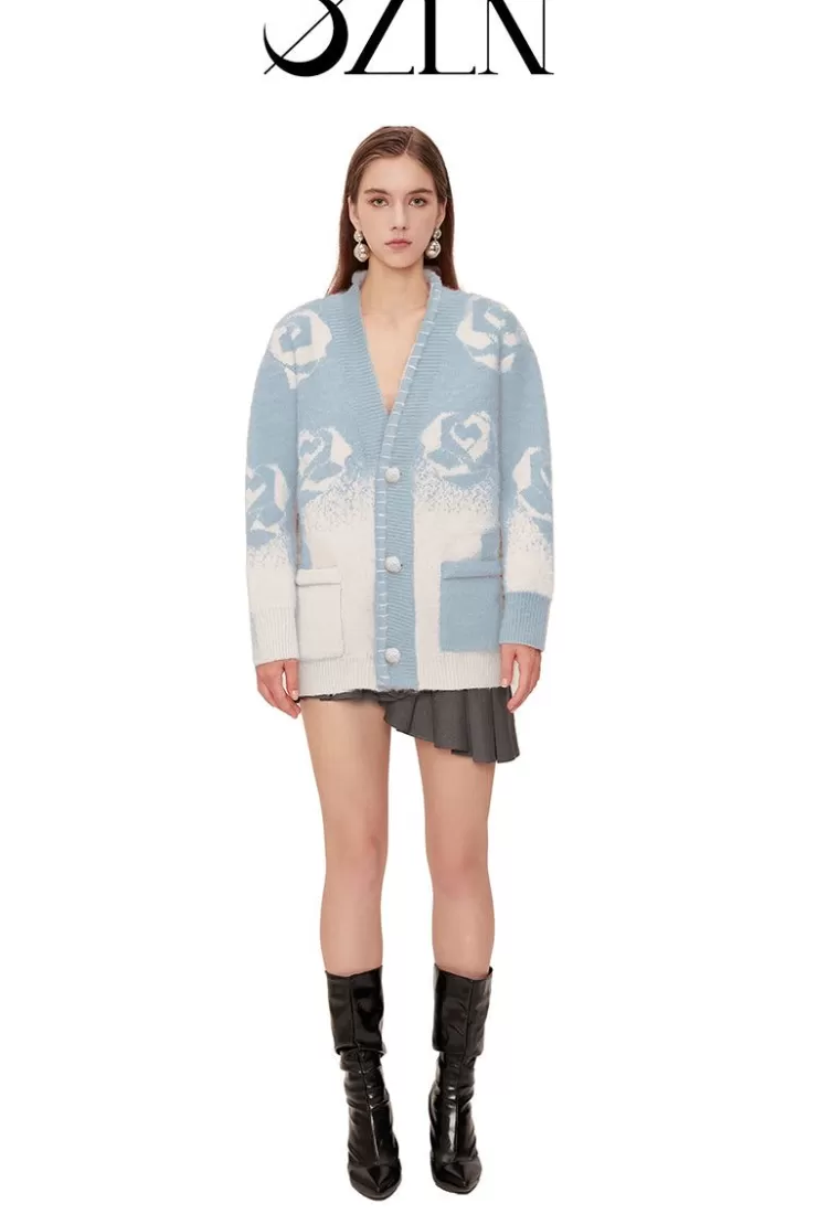 Ozlana Ozln Rose Gradient Knit Cardigan(Blue) | Women Knits