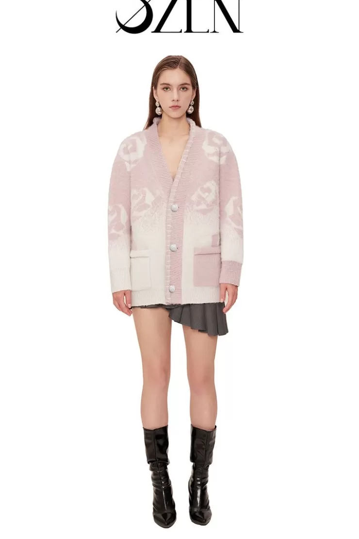 Ozlana Ozln Rose Gradient Knit Cardigan(Pink) | Women Knits