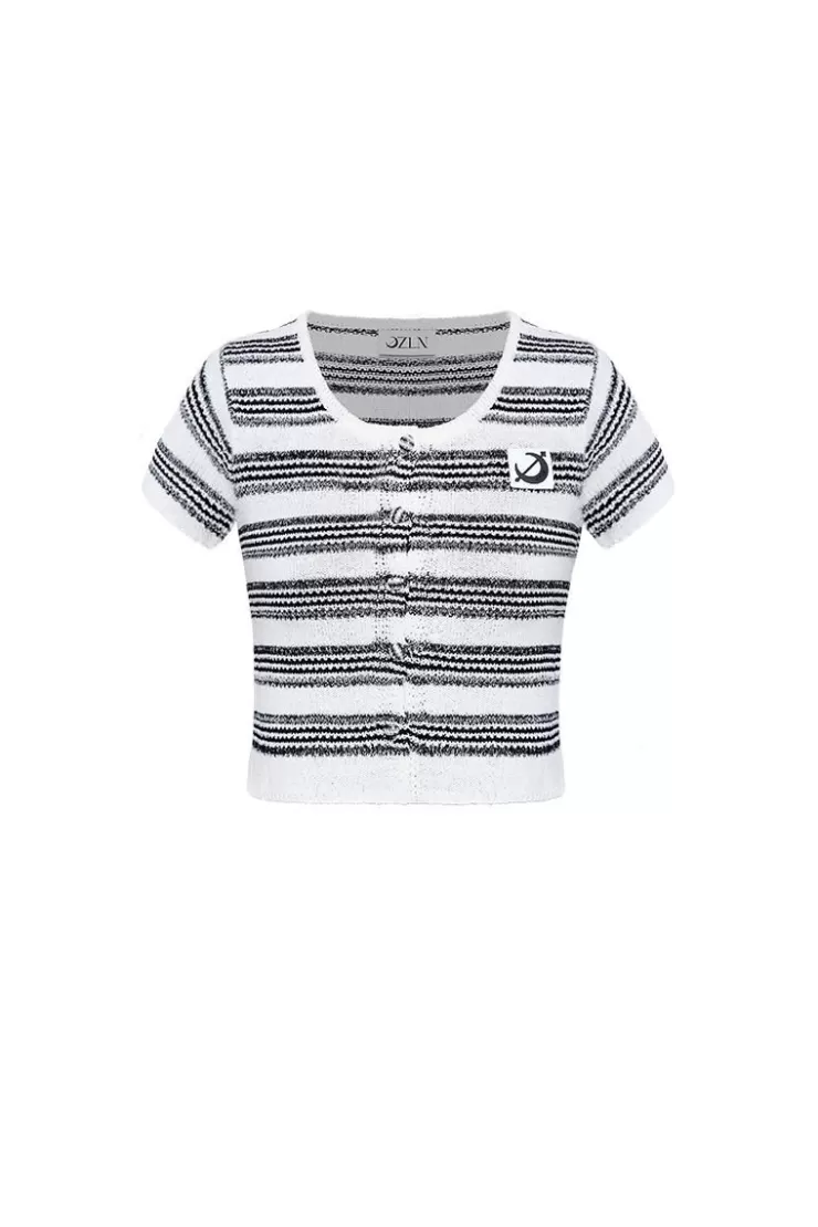 Ozlana Ozln Scoop Neck Stripe Knit Tee(White) | Women Tee Shirts