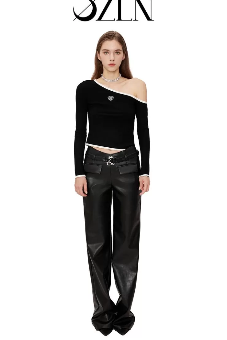 Ozlana Ozln Slant Off Shoulder Knit Top(Black) | Women Knits