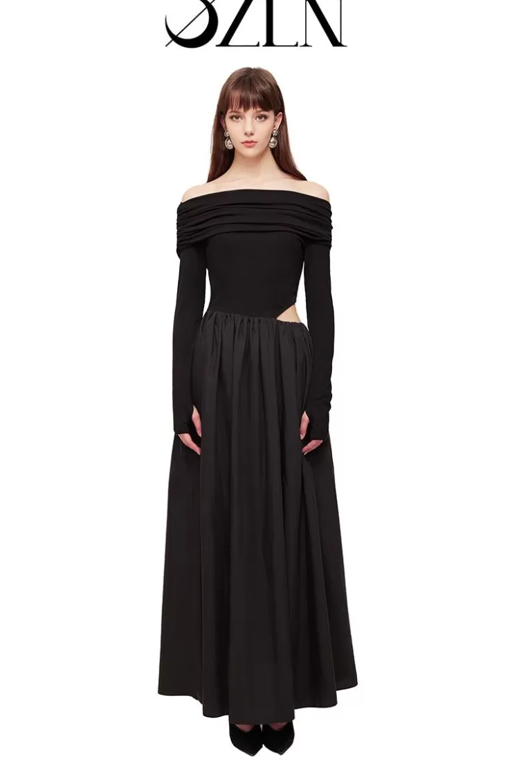 Ozlana Ozln Slant Off Shoulder Maxi Dress(Black) | Women Dresses & Sets