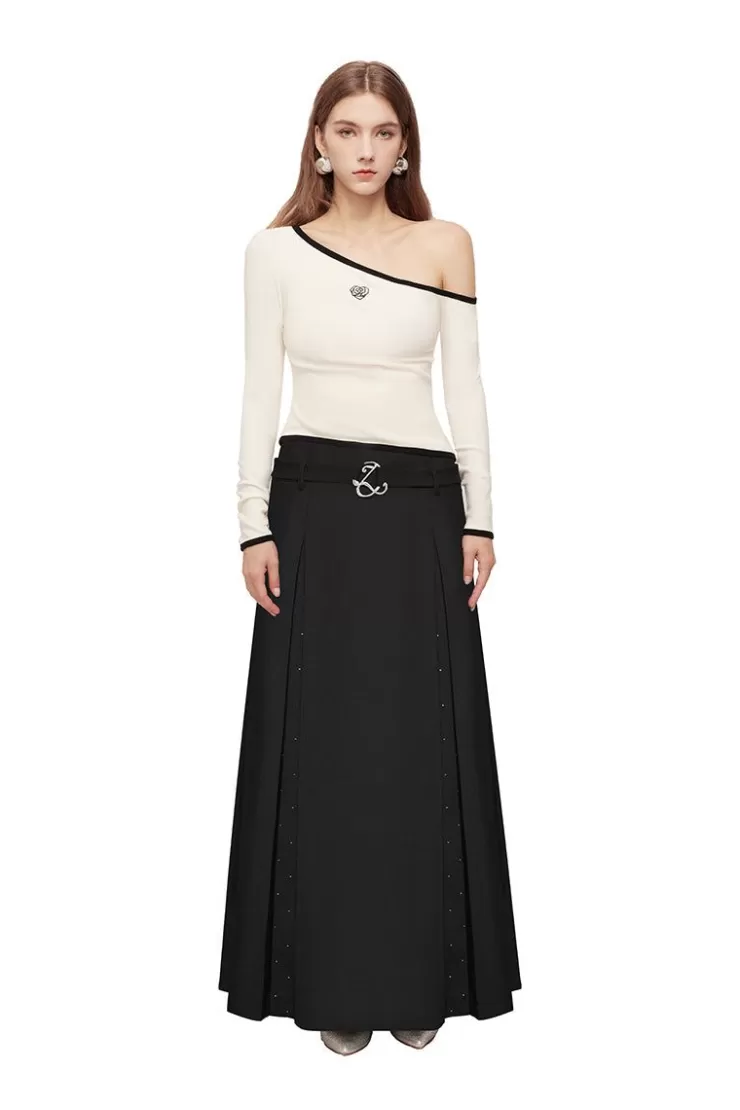 Ozlana Ozln Splice Low Waist Pleated Maxi Skirt(Black) | Women Bottoms