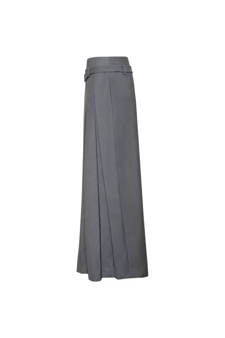 Ozlana Ozln Splice Low Waist Pleated Maxi Skirt(Grey) | Women Bottoms