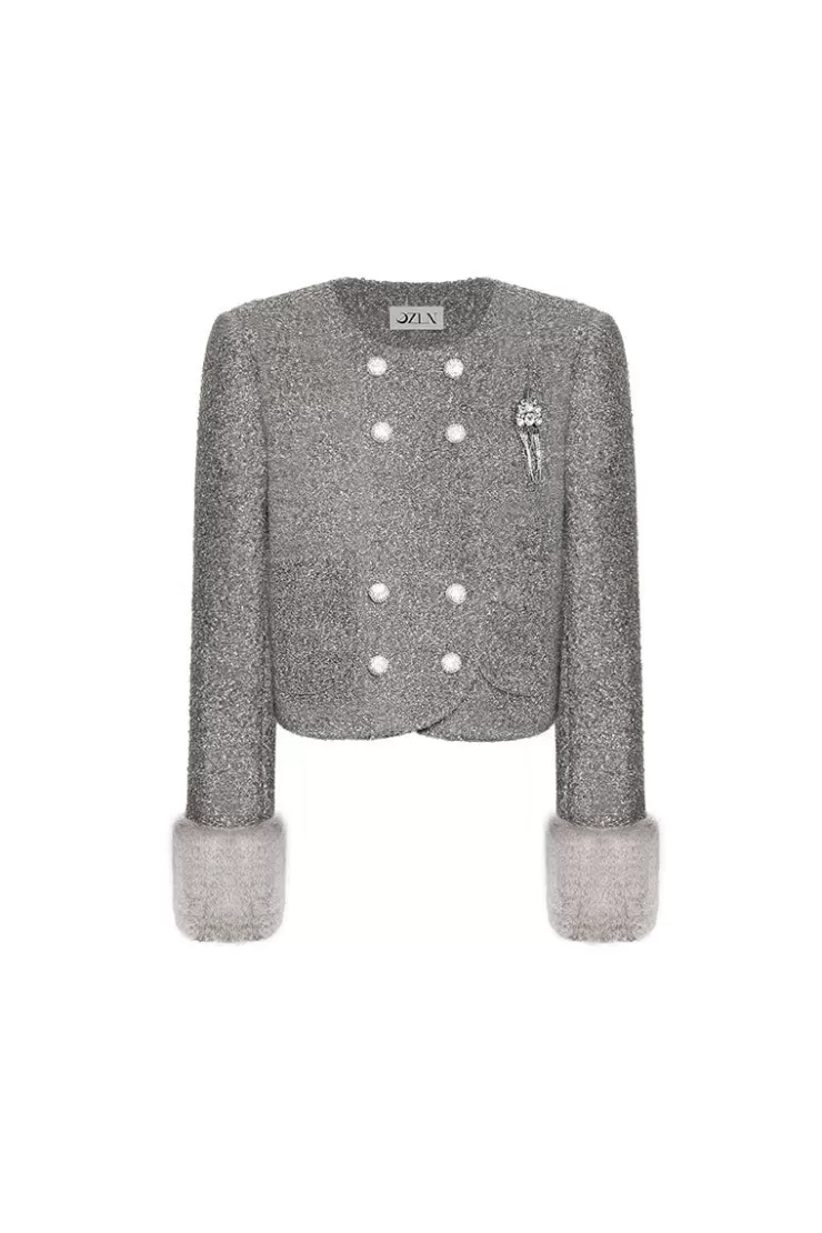 Ozlana Ozln Square Neck Tweed Jacket With Detachable Faux Fur(Grey) | Women Ozln