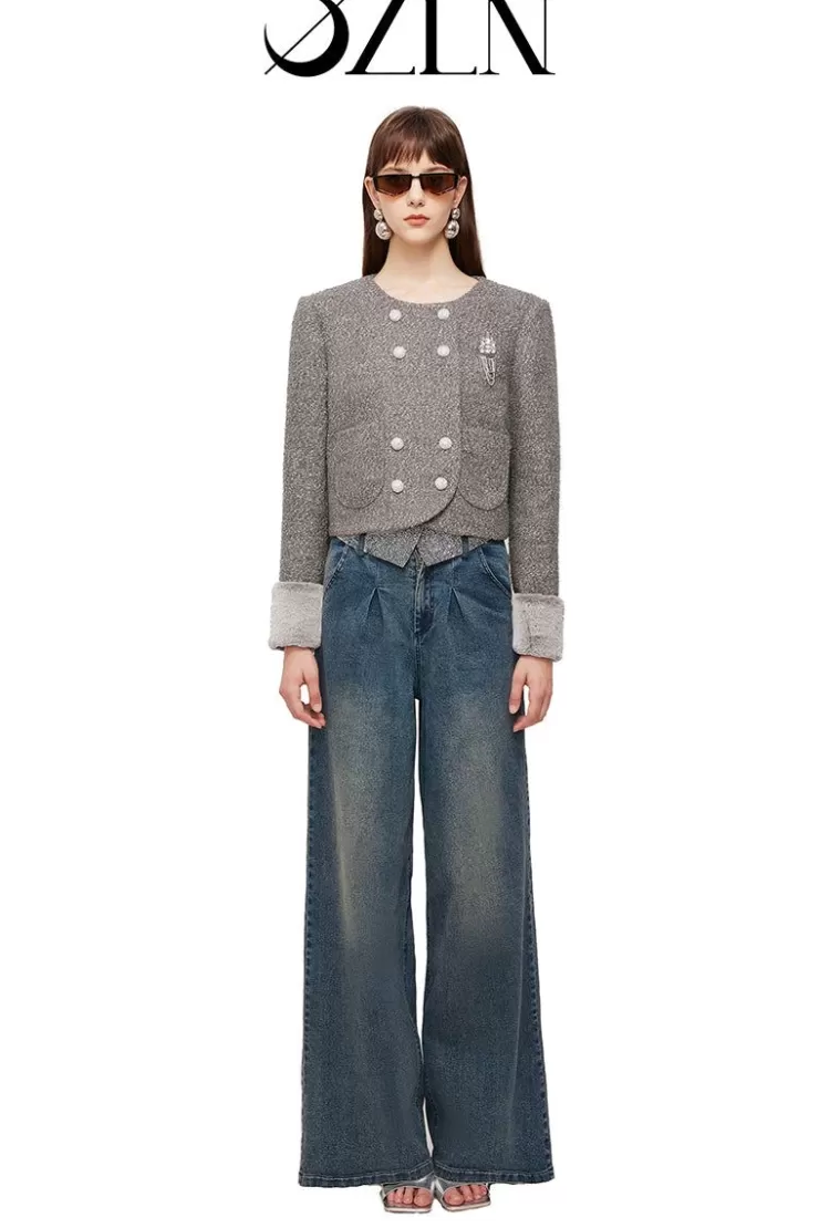 Ozlana Ozln Square Neck Tweed Jacket With Detachable Faux Fur(Grey) | Women Ozln