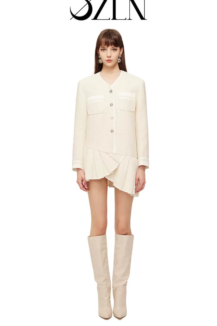 Ozlana Ozln Tweed Drop Waist Pleated Suit Dress (Cream) | Women Dresses & Sets